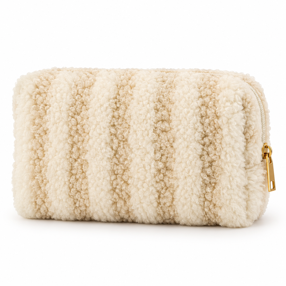 Ivory striped bouclé cosmetic case with gold zipper on white background