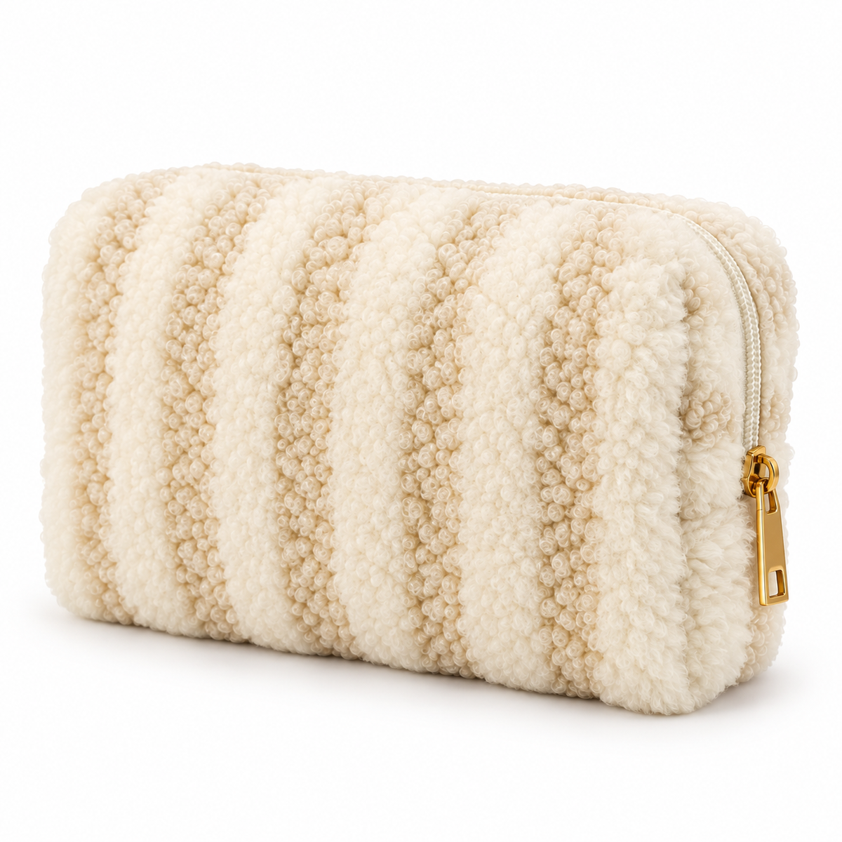 Ivory bouclé makeup pouch shown at an angle with soft striped texture and gold hardware