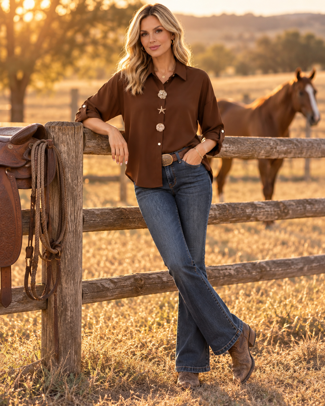 A woman in a brown button-up shirt and blue jeans leans against a wooden fence in a sunlit field, with a horse visible in the background.