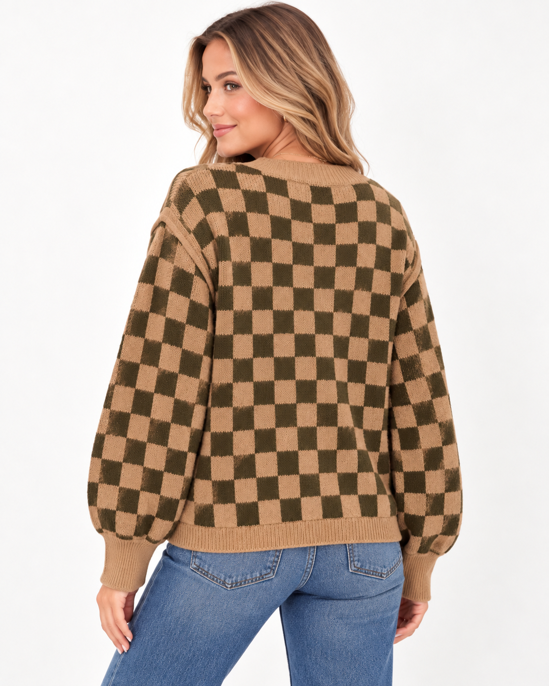 A woman wearing a brown and olive green checkered knit sweater with balloon sleeves, shown from the back against a plain white background.