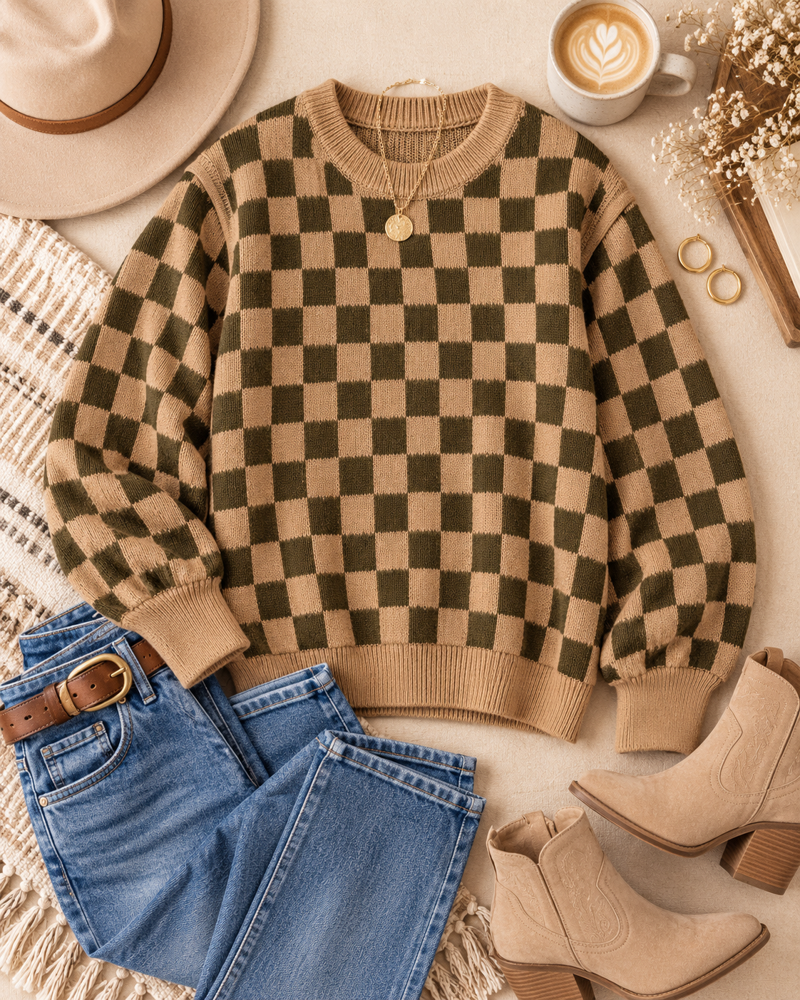 A cozy flat-lay featuring a beige and olive green checkered knit sweater as the main product, styled with blue jeans, beige ankle boots, a wide-brim hat, a cup of latte, and small rings on a neutral fabric background.