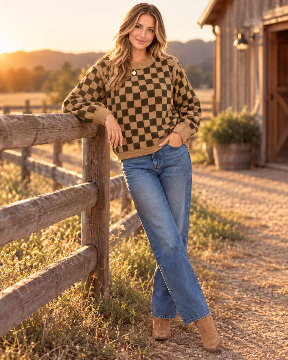 A woman stands outdoors on a dirt path beside a wooden fence and barn, wearing a brown and olive green checkered knit sweater, blue jeans, and tan ankle boots.
