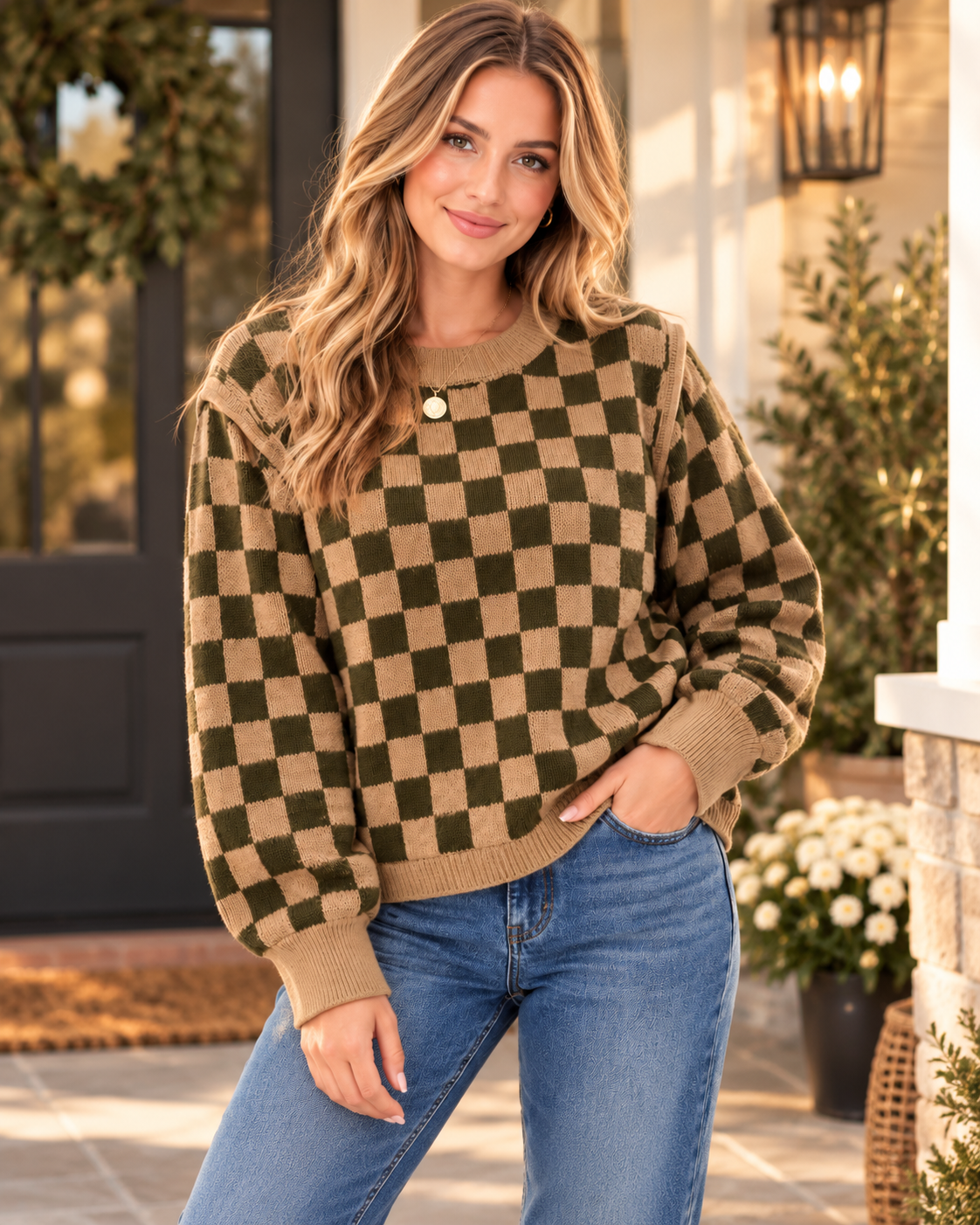 A woman wearing a cozy knit sweater with an olive green and tan checkerboard pattern, paired with blue jeans, standing on a decorated front porch.