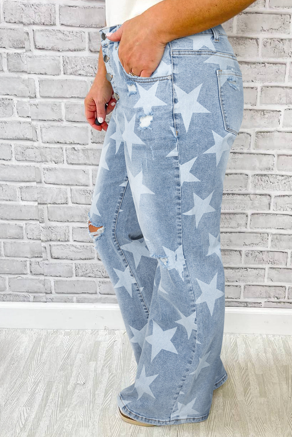 Oh My Star Printed Multi Buttons Slit Knee Destroyed Plus Size Jeans