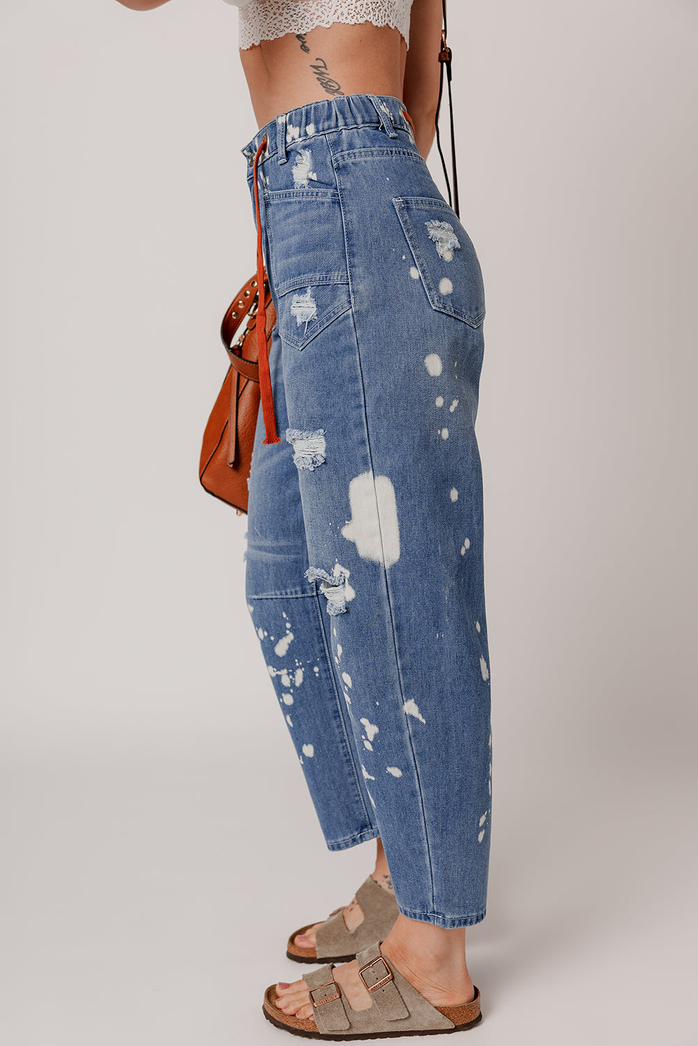 Ripped Splattering Paint Rope Waist Cropped Straight Jeans