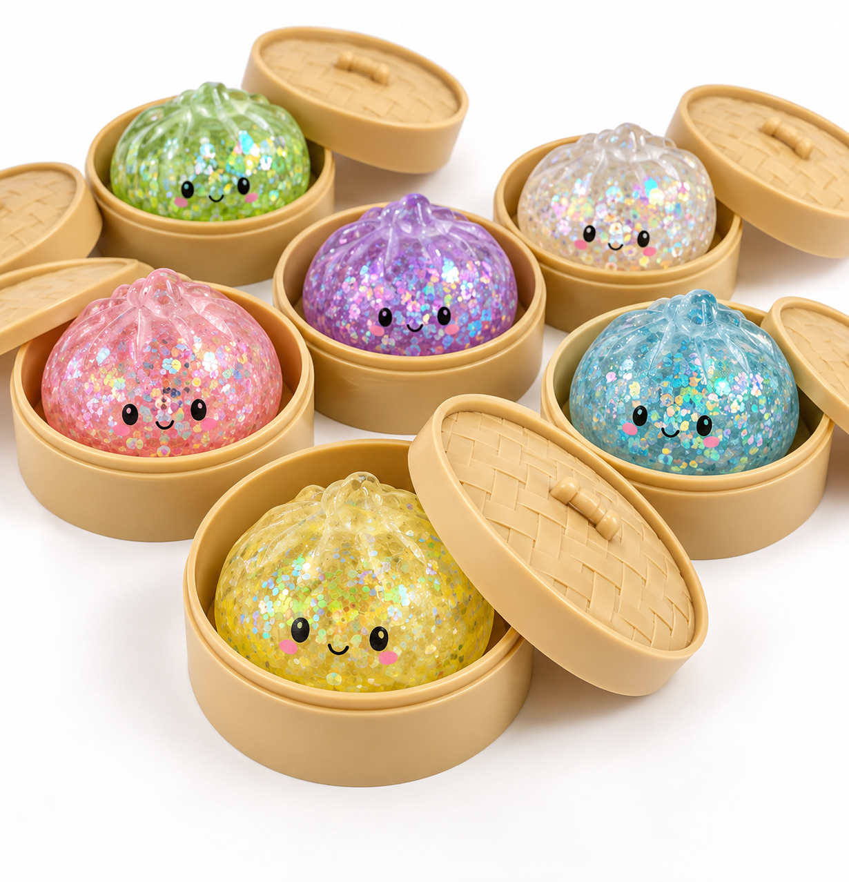 A set of cute, kawaii-style buns or steamer baskets with glittery buns inside. Each round beige bun has a matching lid, and the inside contains a spherical, sparkly glitter bun in different colors including pink, green, purple, blue, and yellow, all with small cartoon faces.