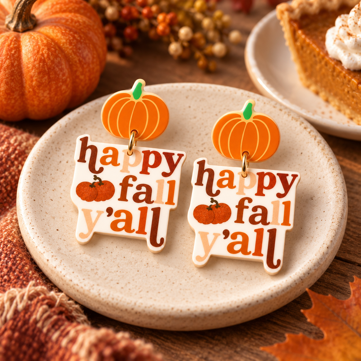 Happy Fall Y’all acrylic pumpkin earrings styled with pumpkin pie, pumpkins, and autumn leaves