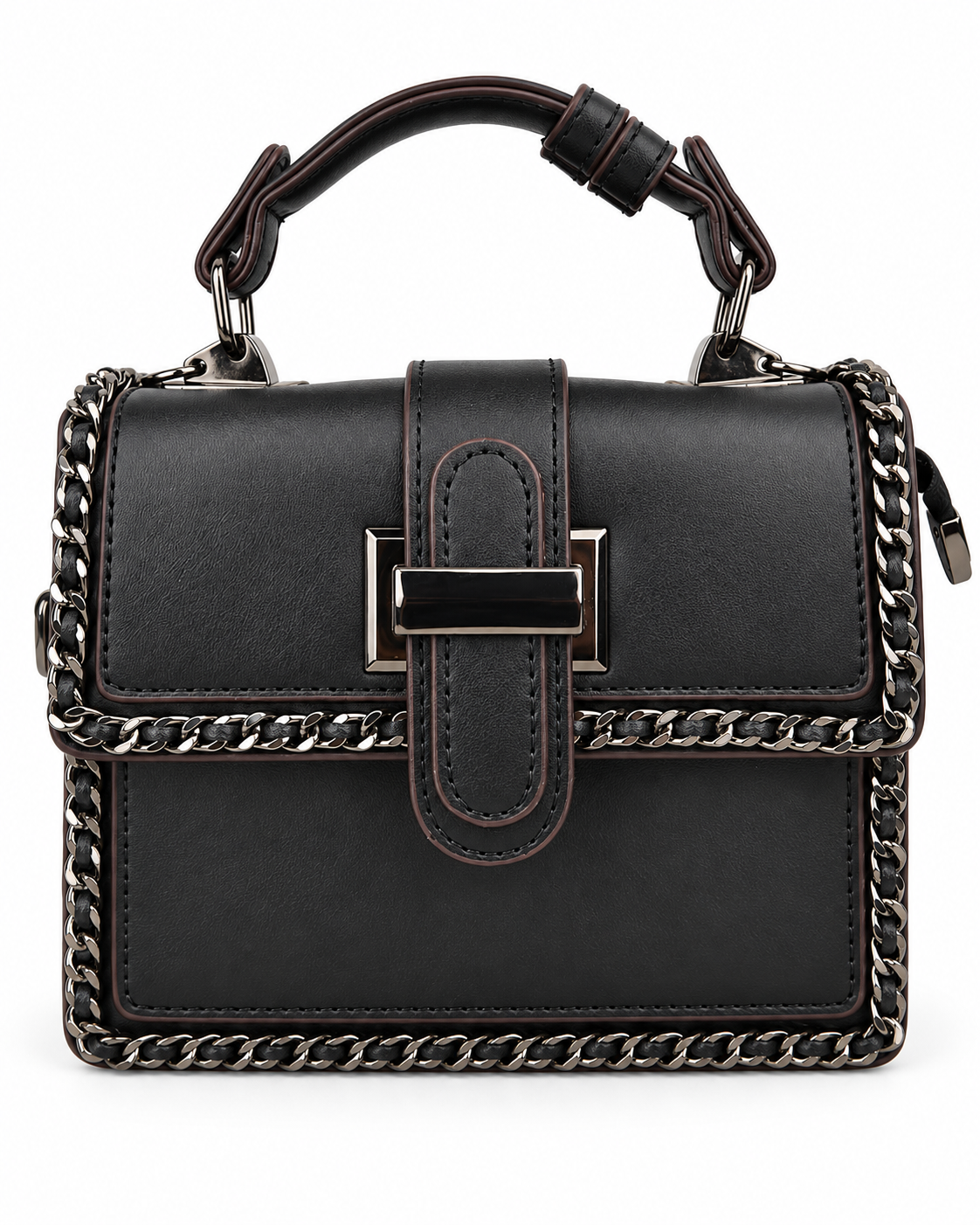 Black City Edge structured top-handle satchel with woven chain trim and dark-tone statement hardware