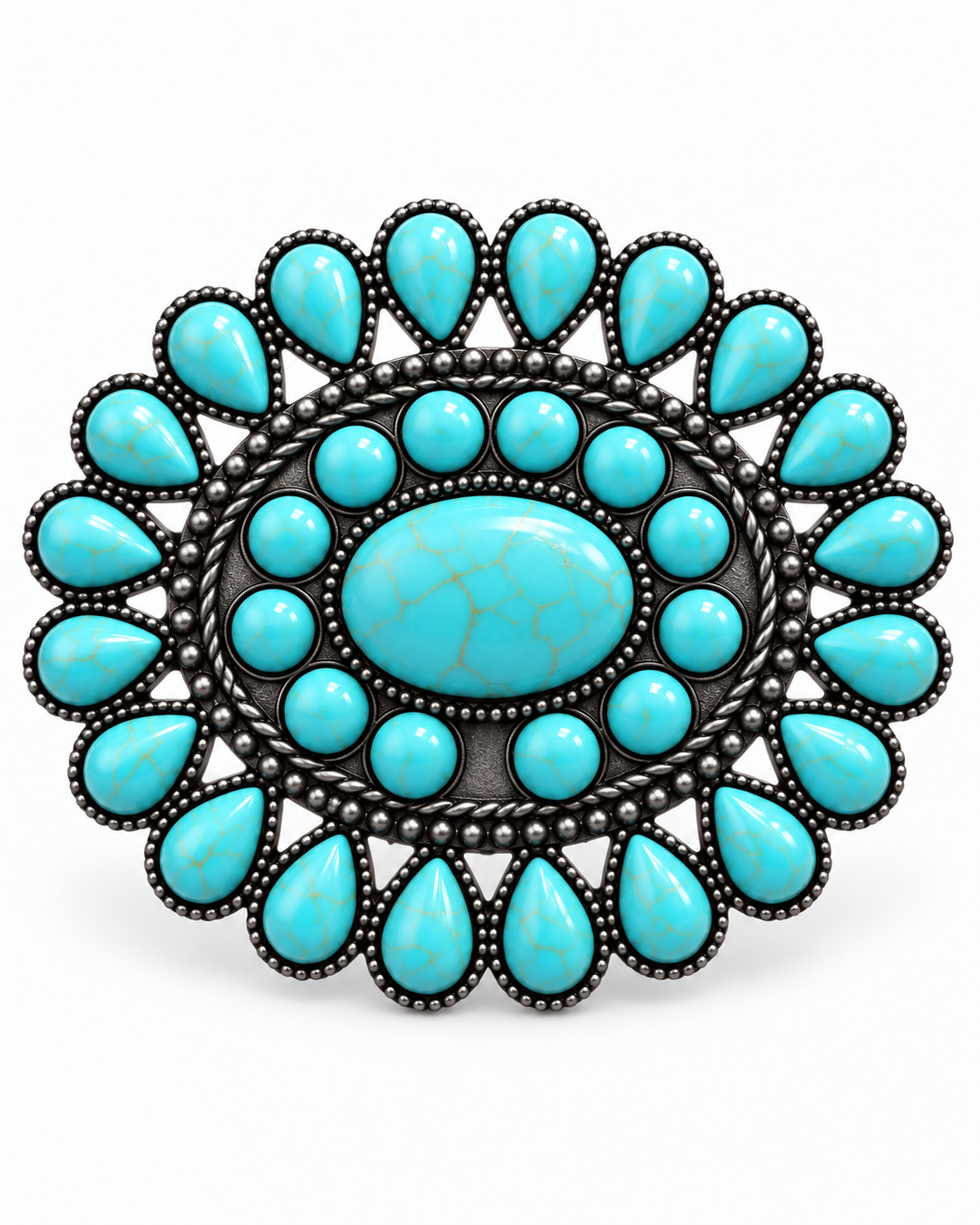 A large oval turquoise and silver statement ring with a central oval turquoise stone surrounded by a ring of round turquoise stones, and a outer border of teardrop-shaped turquoise stones, set in dark oxidized silver.