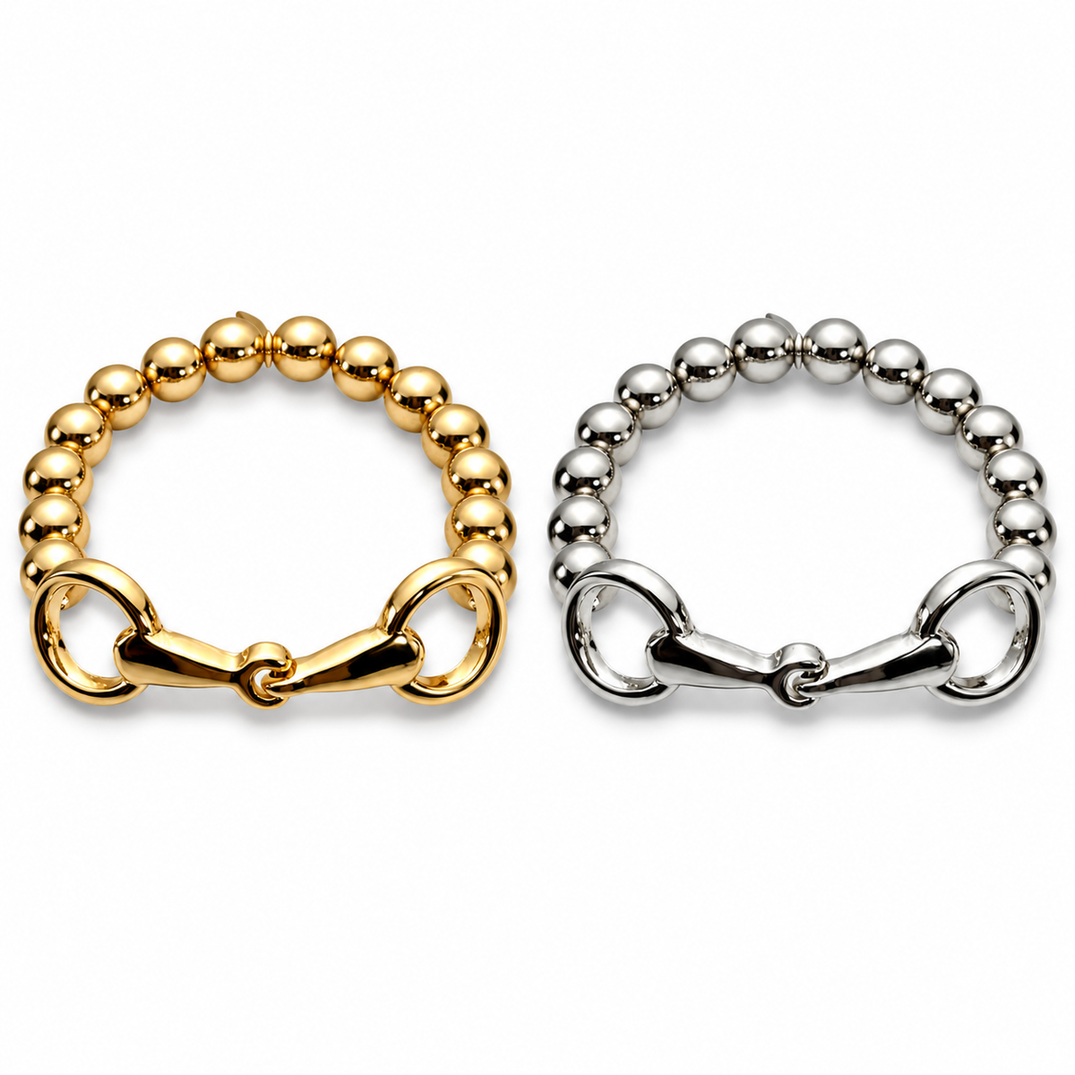 Golden Reins snaffle bit stretch bracelets in gold-tone and silver-tone on white background