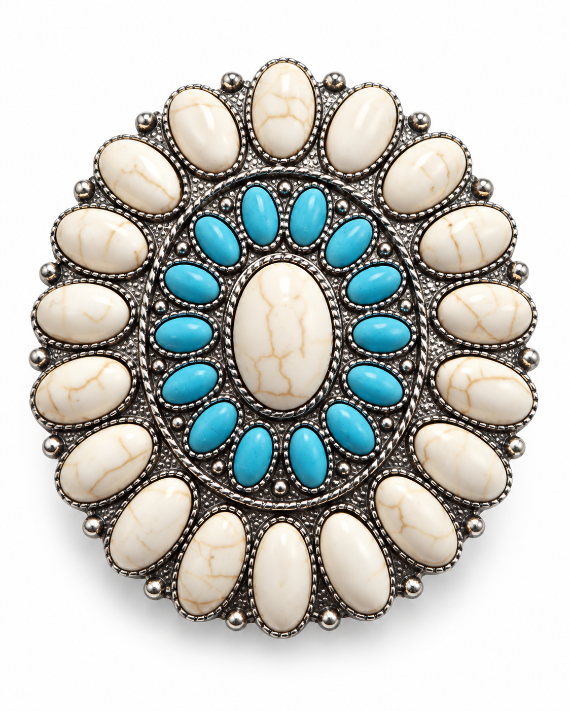 A circular Southwestern-style silver ring brooch featuring a central oval turquoise stone surrounded by a ring of smaller turquoise stones, and an outer ring of oval cream-colored stones set in silver.