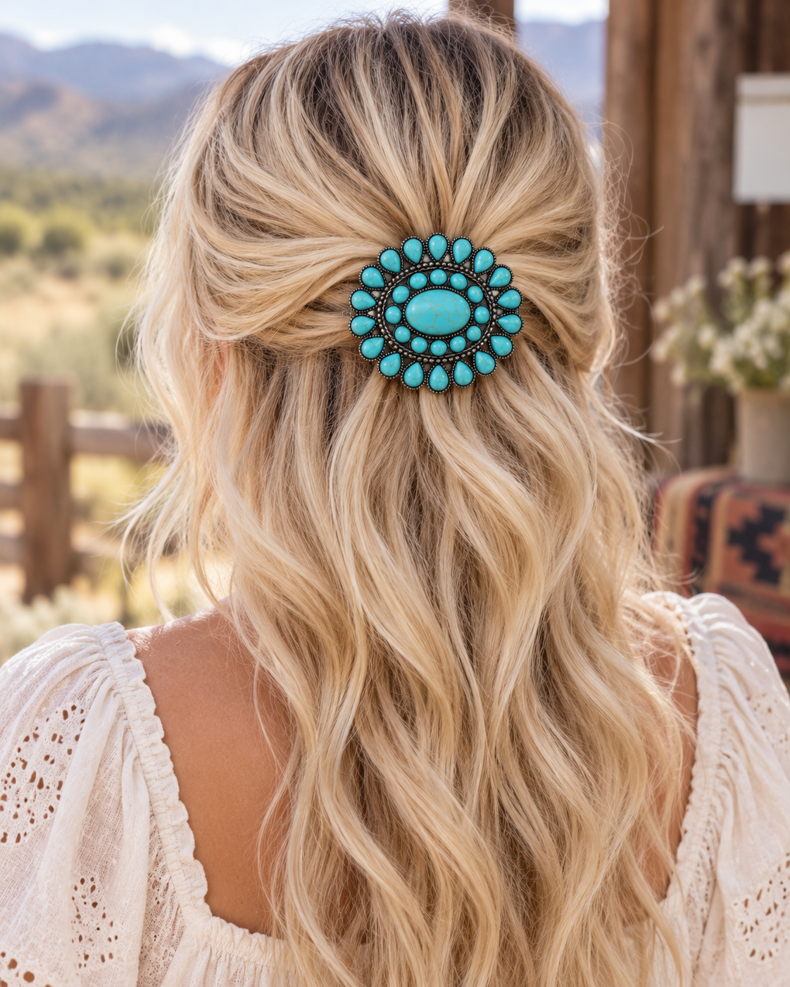 A woman viewed from behind with long blonde wavy hair, wearing a turquoise and dark brown floral hair accessory with a large oval turquoise center and smaller round turquoise stones around it.