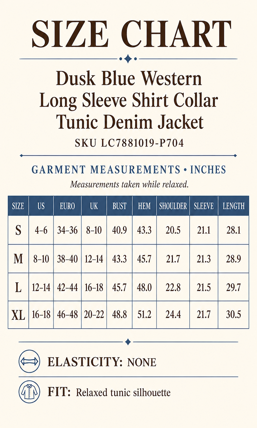 Dusk Blue Western Tunic Denim Jacket size chart with measurements for sizes S through XL and relaxed fit details.