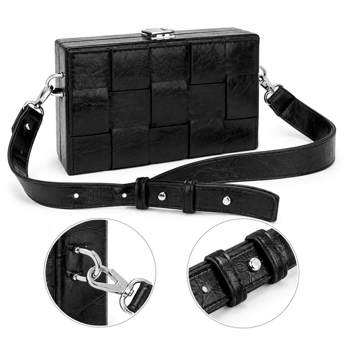 Black woven-texture clutch bag with a detachable shoulder strap and silver-tone hardware, shown on a white background with two circular detail insets highlighting the clasp and strap stitching.