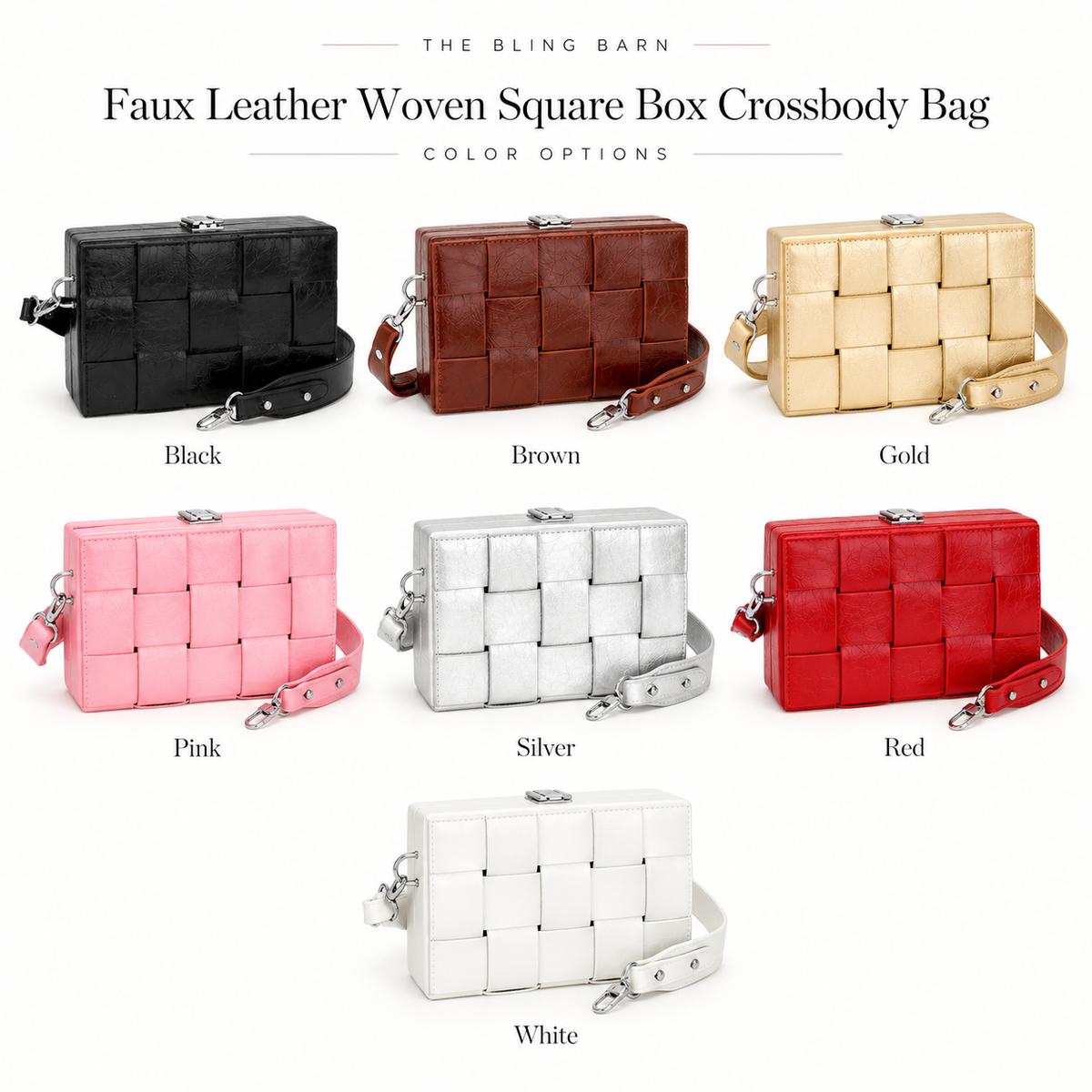 A color options chart for a faux leather woven square box crossbody bag by The Bling Barn, showing the bag in eight different colors: black, brown, gold, pink, silver, red, and white, each labeled underneath on a white background.