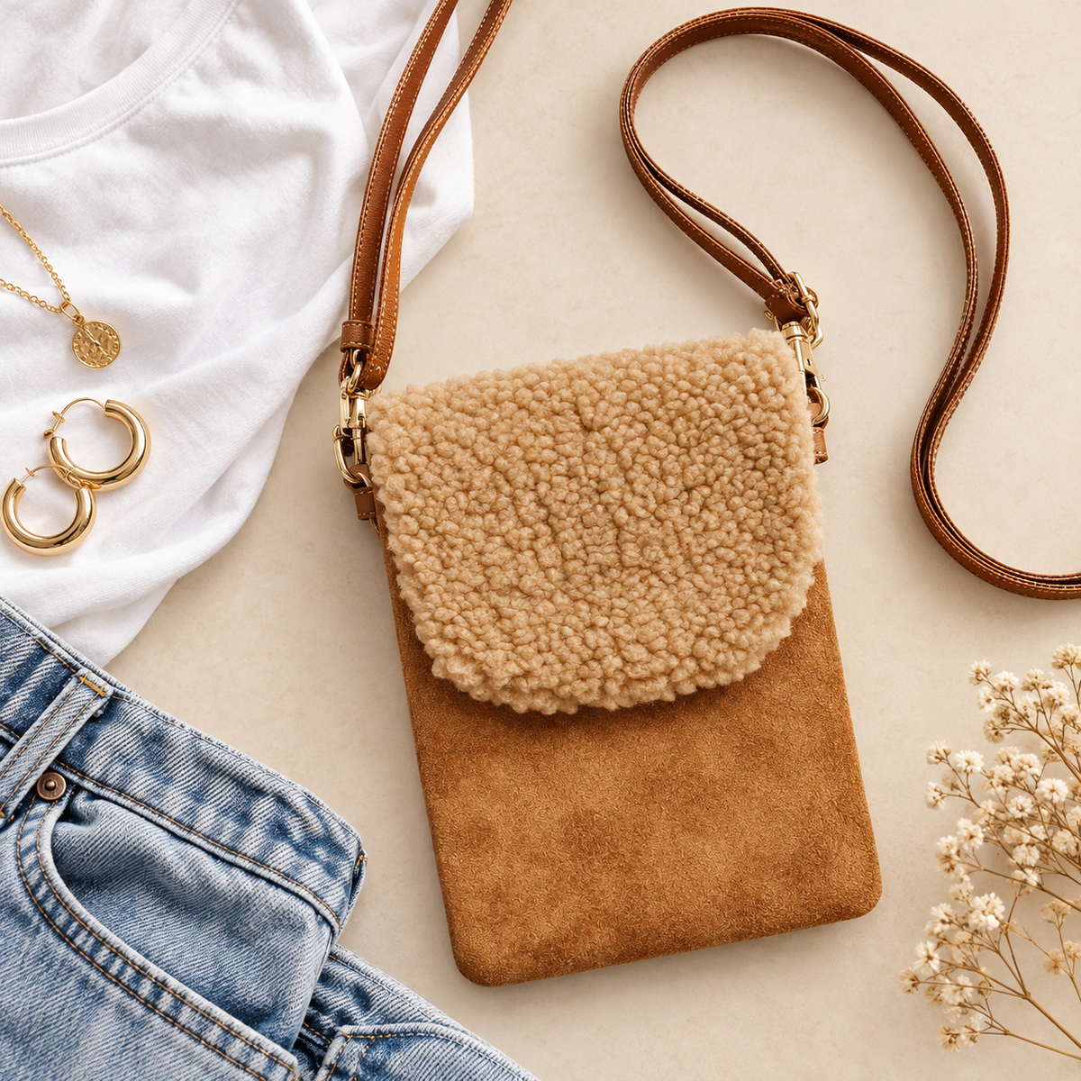 Teddy Brown sherpa-style phone crossbody bag styled with white tee, denim, and gold jewelry