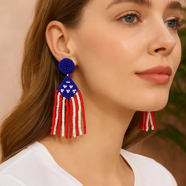 Patriotic For The USA Seed Beed Drop Earrings