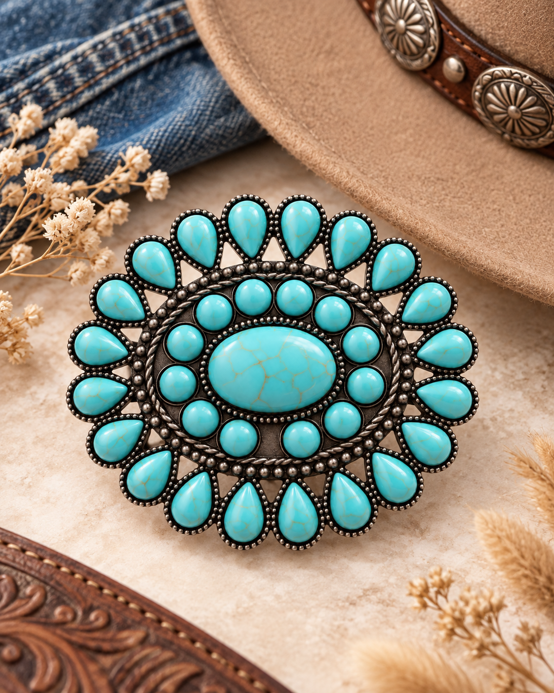 A round turquoise and silver-toned western-style brooch or pin, styled on a beige surface with dried flowers, denim, a tan hat, and a leather belt.