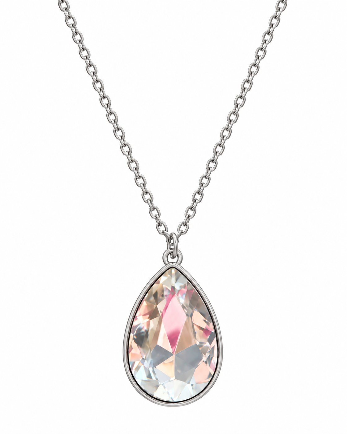 Afterglow faceted teardrop pendant necklace with clear crystal-style pendant and silver-tone chain on a white background