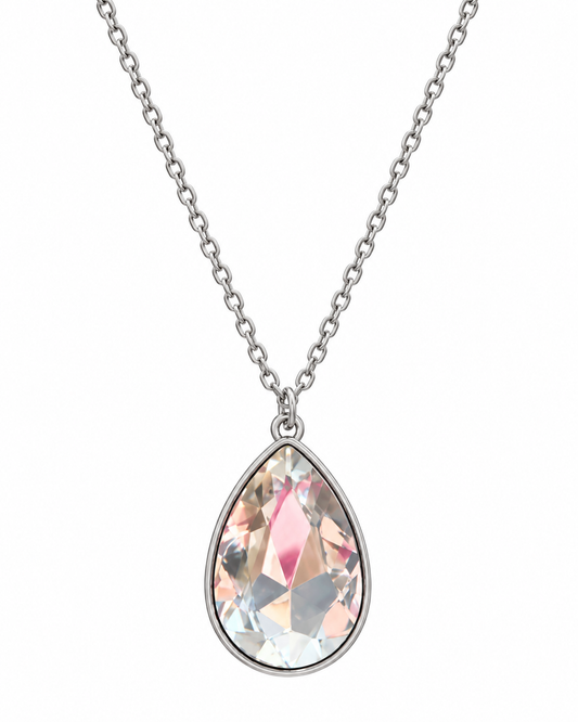 Afterglow faceted teardrop pendant necklace with clear crystal-style pendant and silver-tone chain on a white background