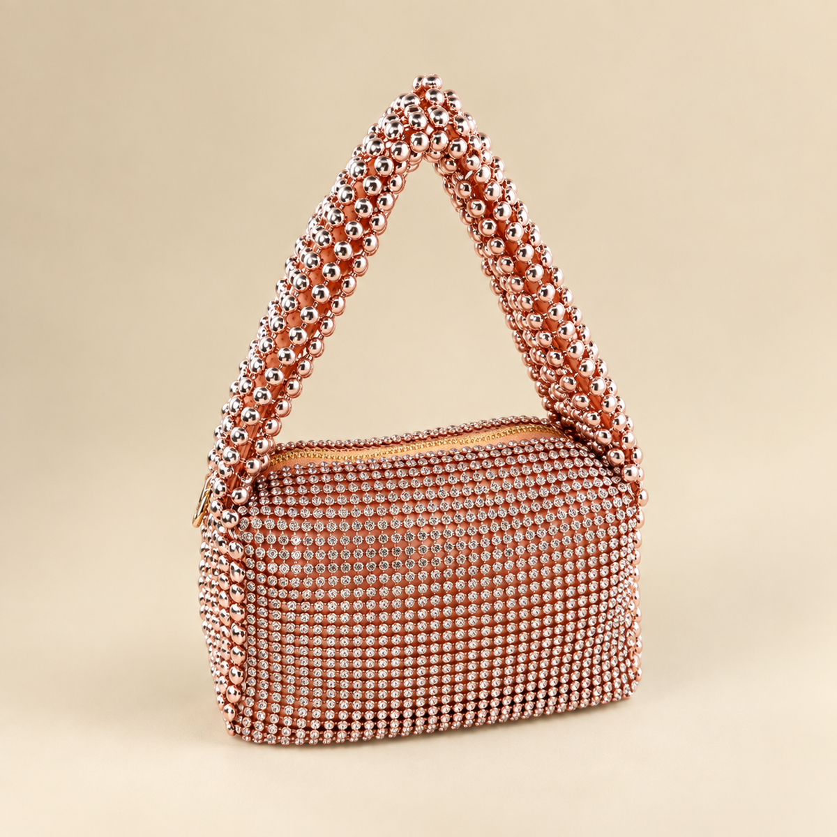 Rose gold After Dark rhinestone mini shoulder bag with sparkling beaded handle