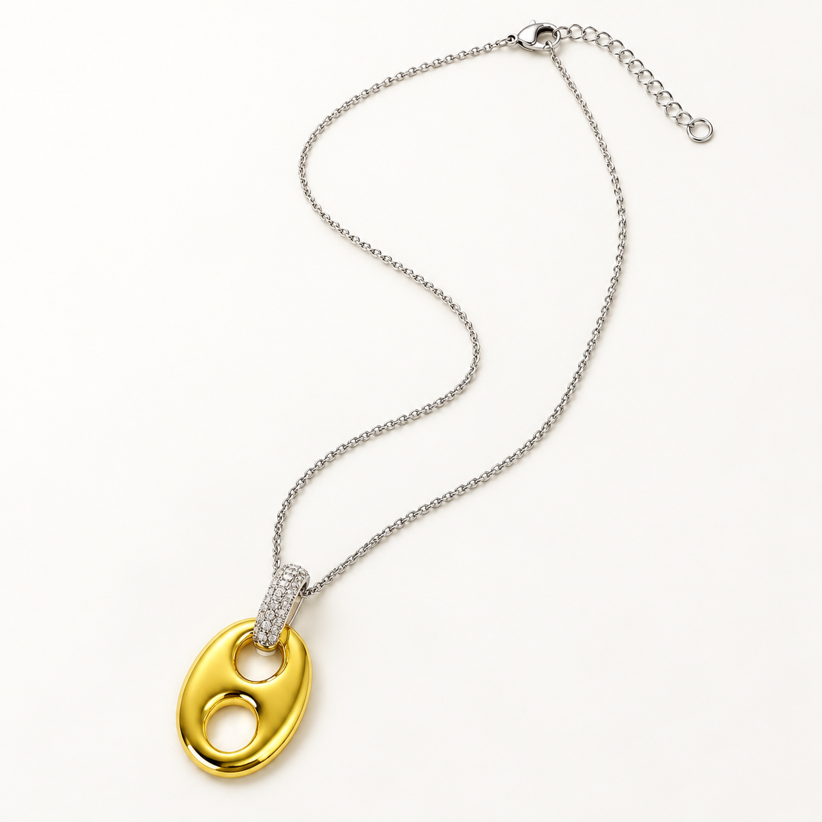 Long two-tone pendant necklace with lobster clasp and adjustable extender