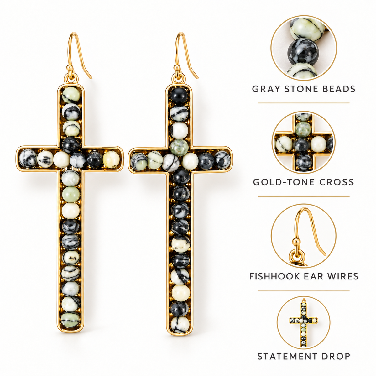Gold-tone cross drop earrings with gray stone beads, shown on a white background with four detail callouts labeled Gray Stone Beads, Gold-Tone Cross, Fishhook Ear Wires, and Statement Drop.