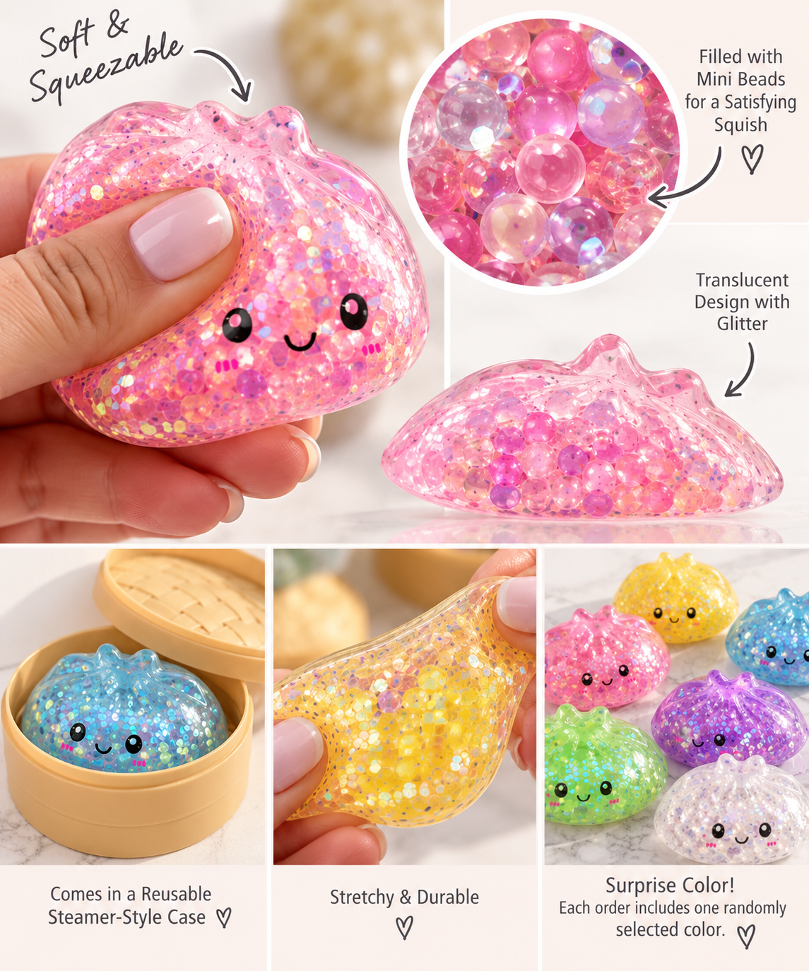 A collage showing a cute pink glitter squishy toy being held in a hand, with close-up detail of the translucent design and mini beads inside. Additional panels show the toy in a reusable steamer-style case, stretched to demonstrate elasticity, and available colors including blue, yellow, pink, green, and purple.