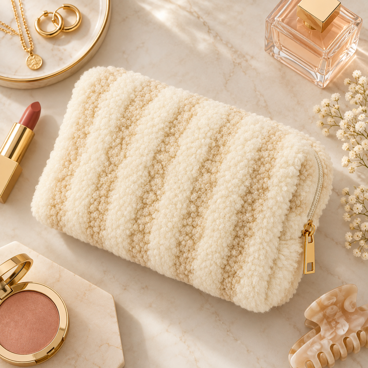 Ivory bouclé cosmetic bag flat lay with lipstick, jewelry, perfume, blush, and hair clip