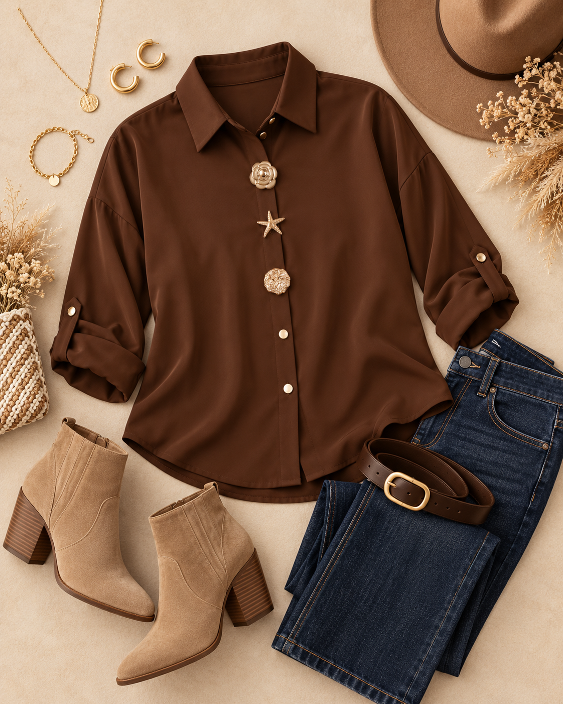 A styled flat-lay featuring a brown button-down shirt with decorative star and crystal buttons, paired with blue jeans, beige ankle boots, a brown hat, and gold jewelry on a beige background.