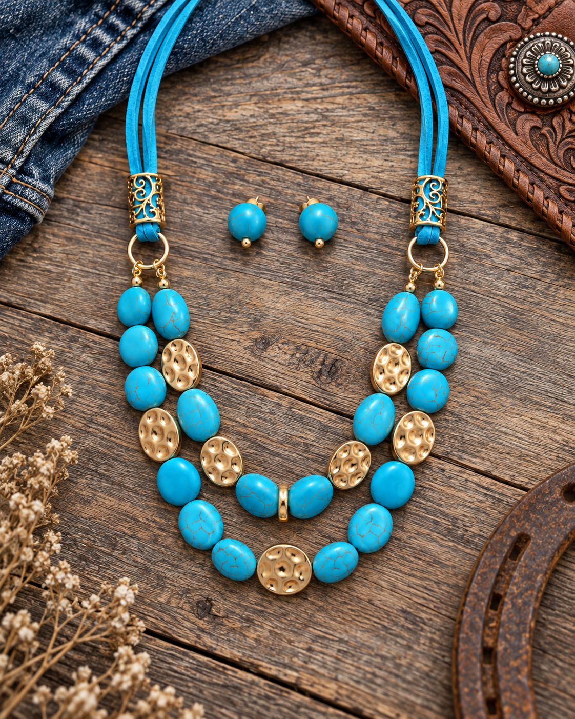 A bohemian-style turquoise and gold beaded necklace set with matching stud earrings, displayed on a rustic wooden surface with western-themed props.