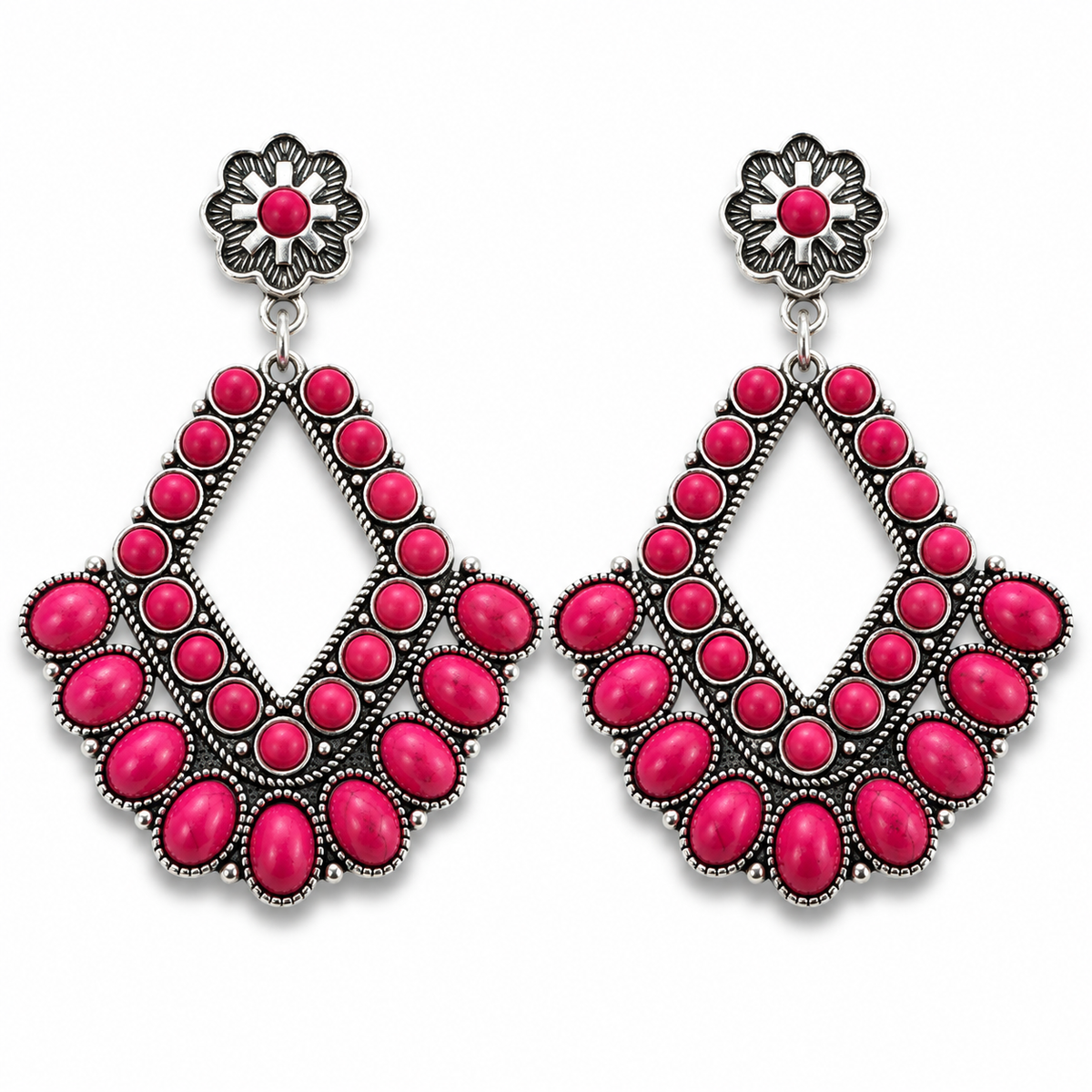 Rodeo Rose pink stone statement earrings with silver-tone western concho posts on white background