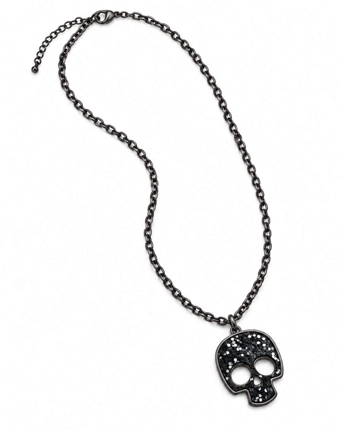 A gothic-style black metal chain necklace featuring a skull pendant studded with small clear rhinestones, displayed on a clean white background.