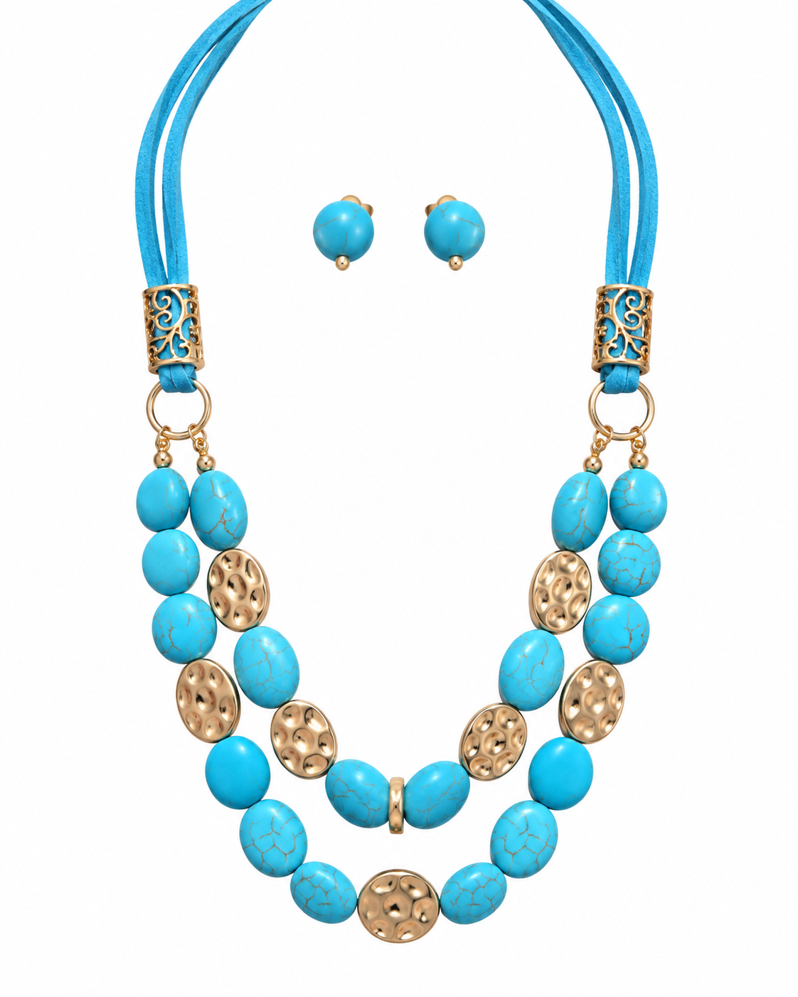 A turquoise and gold statement necklace set with matching stud earrings, featuring round turquoise beads, textured gold disc spacers, and ornate gold filigree clasp details on a white background.
