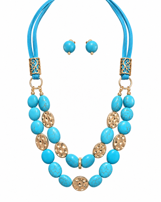 A turquoise and gold statement necklace set with matching stud earrings, featuring round turquoise beads, textured gold disc spacers, and ornate gold filigree clasp details on a white background.
