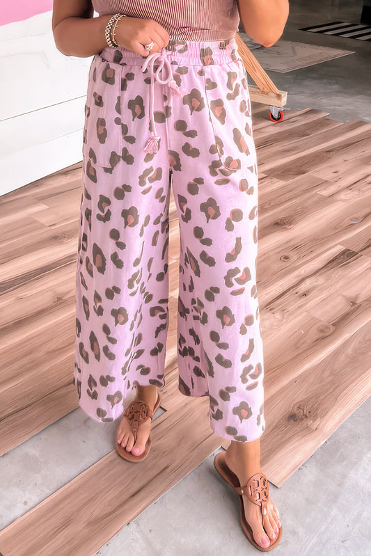 Pink Leopard Print Drawstring Wide Leg Pants – Women’s Patch Pocket Lounge Trousers