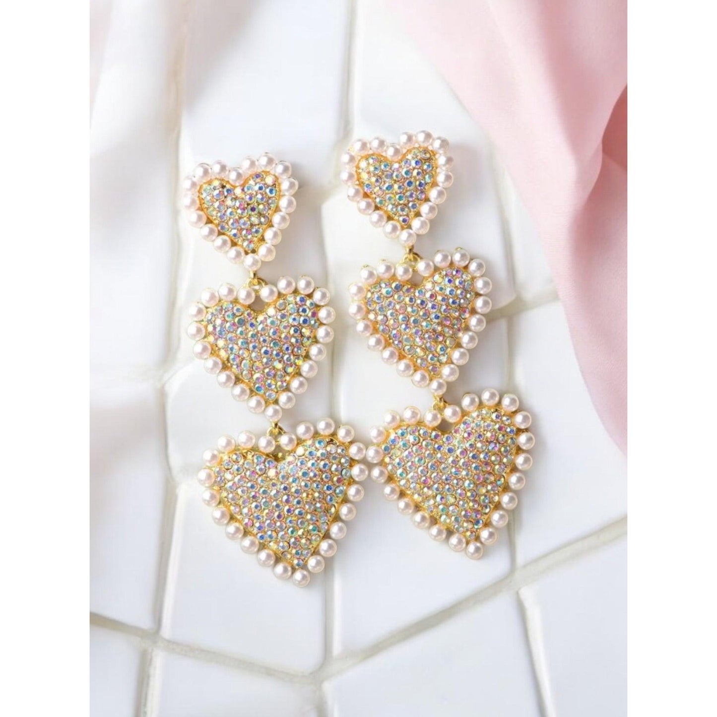 Iridescent Hearts and Pearls Over The Top Glam Earrings