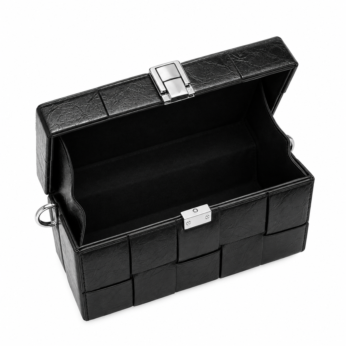 A black woven leather clutch bag with an open top lid, silver-tone metal clasp, and a small silver ring detail on the side, shown on a plain white background.