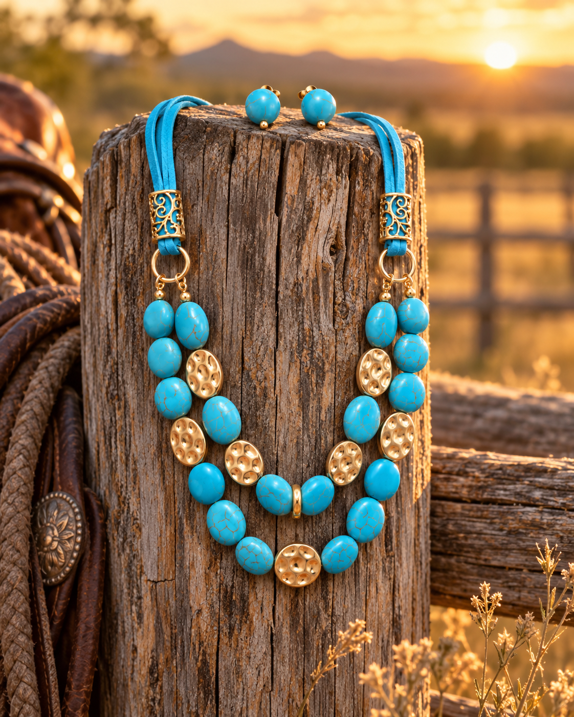 A bohemian-style turquoise and gold beaded necklace with matching stud earrings, displayed on a rustic wooden post outdoors at sunset.