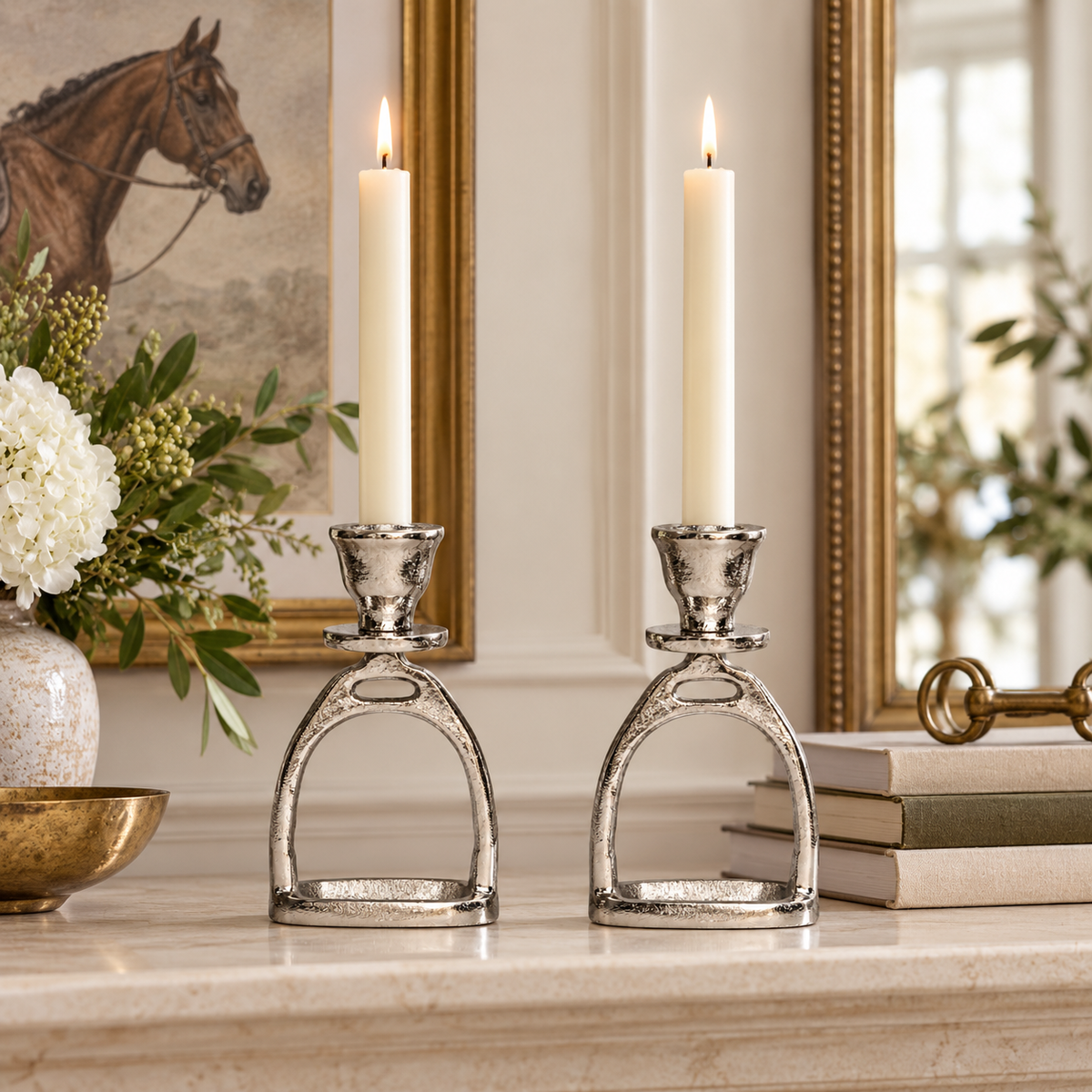 Huntley Equestrian Silver Stirrup Candlestick Holders – Set of 2