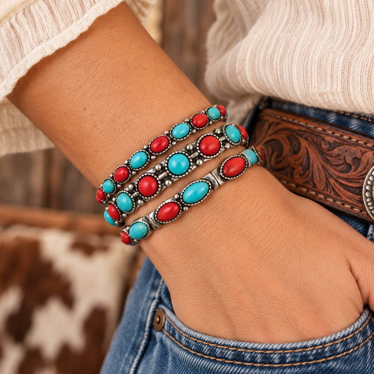 Close-up of Desert Rodeo western bracelet set worn with denim and tooled leather.