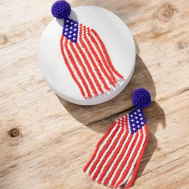 Patriotic For The USA Seed Beed Drop Earrings