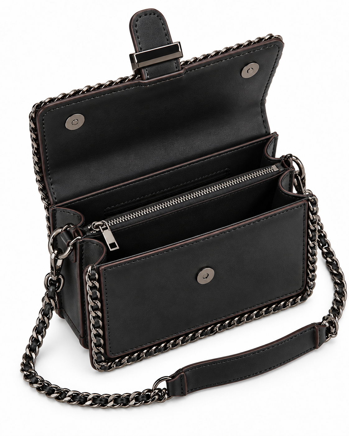 Open black City Edge structured satchel showing interior compartments and detachable chain-trim strap
