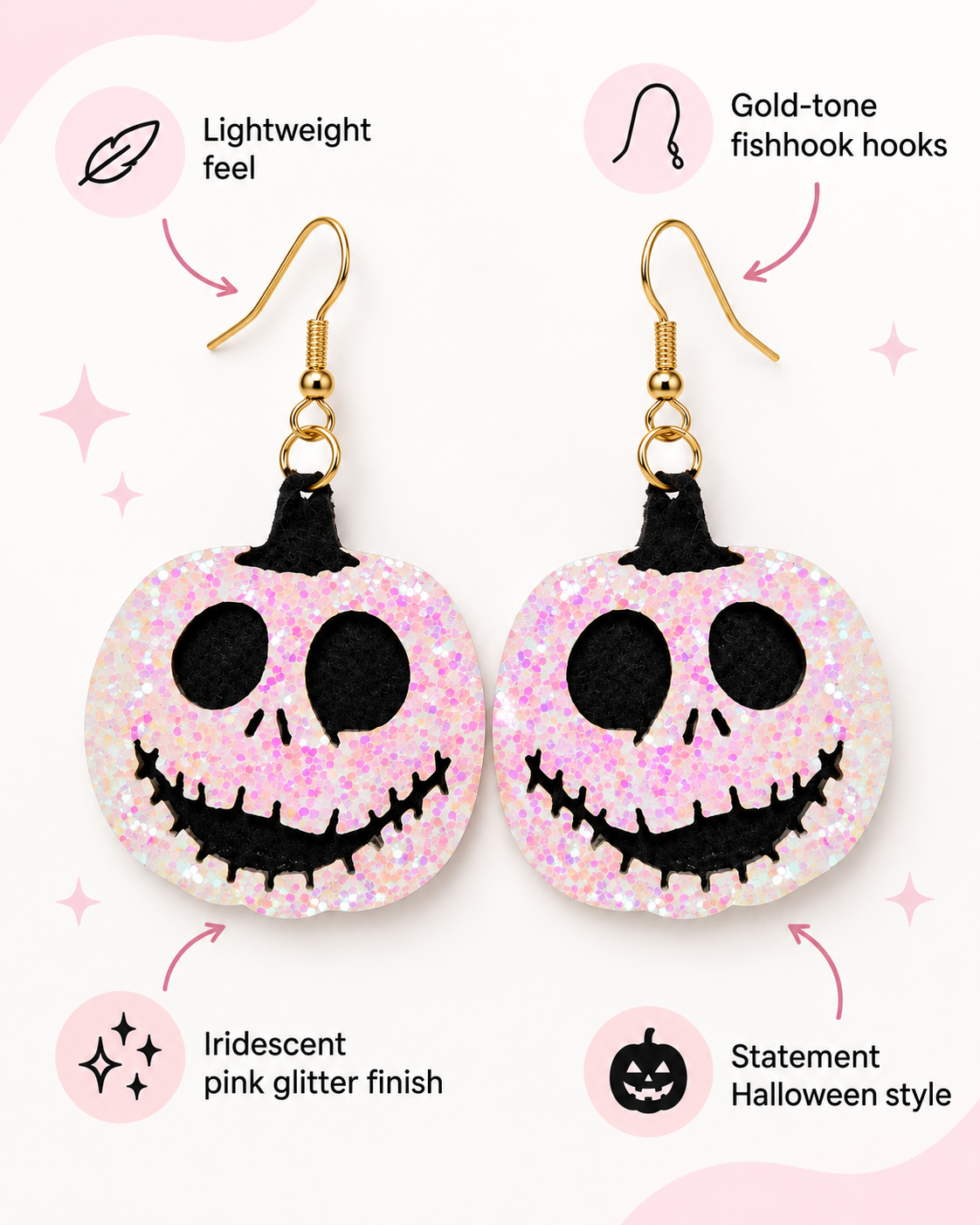 A pair of dangling pumpkin-shaped earrings with a pink glitter finish and black jack-o'-lantern face details, shown on a light background with decorative text callouts describing the product features.