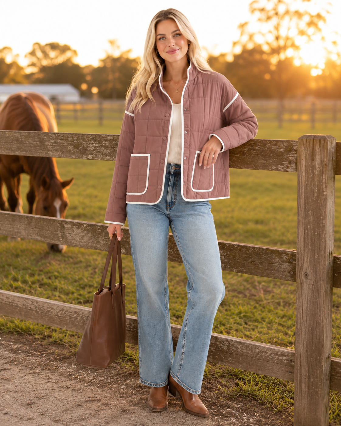 A woman stands outdoors beside a wooden fence at sunset, wearing a dusty rose quilted jacket with white piping over a white top and light blue jeans. A horse is visible in the background, and she holds a brown tote bag.