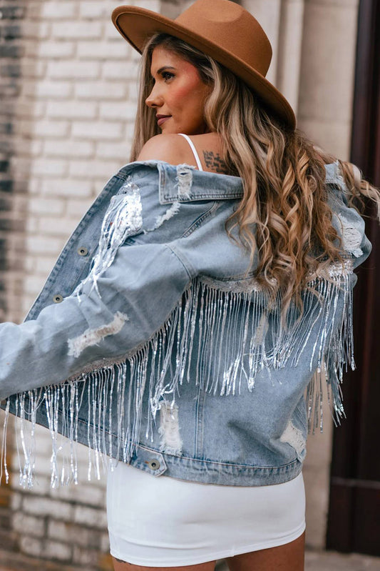 Light Washed Fringe Distressed Rodeo Queen Denim Jacket