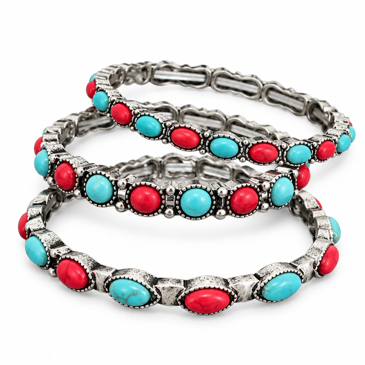 Three silver-tone western stretch bracelets with faux turquoise-colored and red stone accents displayed separately
