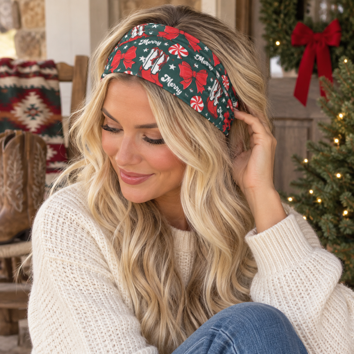 A woman wearing a festive Christmas-themed fabric headband with red bows, candy canes, and 'Merry Merry' text on a dark green background, styled in a cozy holiday home setting.
