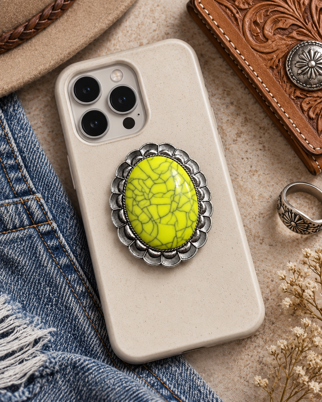 Neon Mesa Chartreuse Western Stone Phone Grip