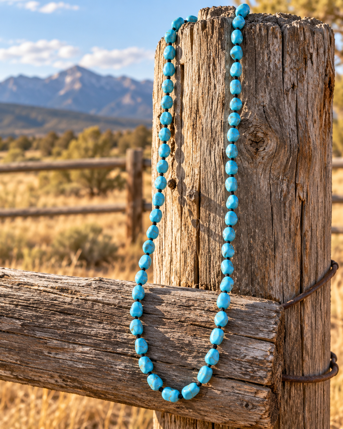 A turquoise beaded necklace draped over a rustic wooden fence post, with a mountain landscape in the background.